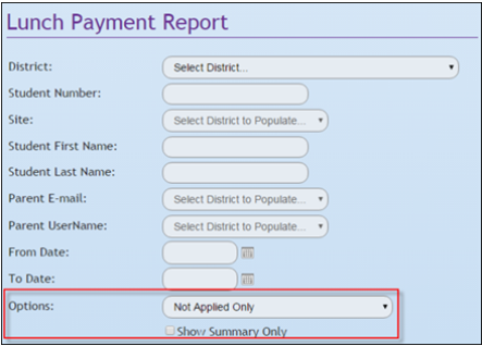 K12PaymentCenter lunch payment report screen